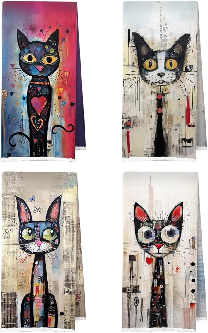 Black Cat Kitchen Towels Set - Cat Lovers Mom Gifts Waffle Decorative Dish Towels, Abstract Whimsical Kitten Hand Towel for Bathroom, Tea Towel, 16x24 Inch