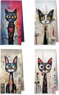 Black Cat Kitchen Towels Set - Cat Lovers Mom Gifts Waffle Decorative Dish Towels, Abstract Whimsical Kitten Hand Towel for Bathroom, Tea Towel, 16x24 Inch
