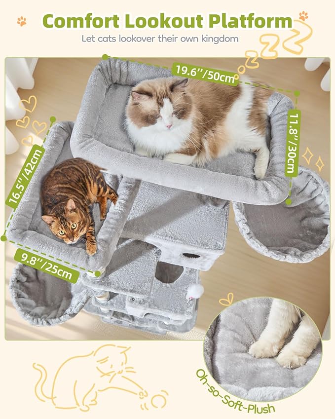 Taoqimiao Cat Tree Tower, 76-Inch Sturdy Cat Tree for Indoor Cats Large Adult Cat Tower with Scratching Posts，2 Condos, 2 Perches, 2 Large Hanging Baskets, Soft Hammock, MS046W Light Gray