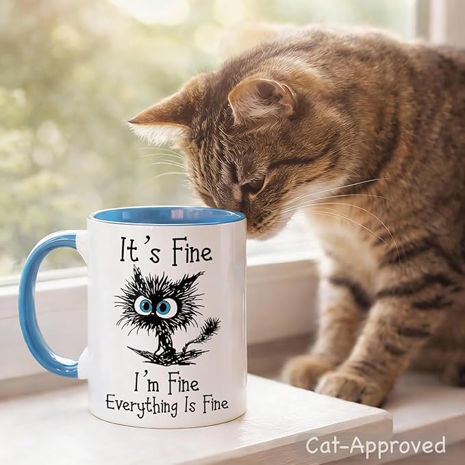 𝗙𝗨𝗡𝗡𝗬 𝗖𝗔𝗧 𝗖𝗢𝗙𝗙𝗘𝗘 𝗠𝗨𝗚 — “Everything Is Fine” Black Cat Mug, 11oz Sarcastic Funny Coffee Mug for Cat Lovers, Women, Coworkers – Microwave & Dishwasher Safe