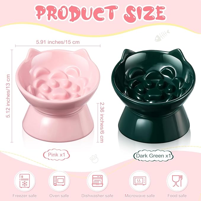 2 Pcs Ceramic Raised Slow Feeder Cat Bowl, 5.91inch Elevated Cat Slow Feeder Bowl Tilted Anti Vomiting for Dry Wet Food and Water Easy to Clean High Edge(Dark Green, Pink)
