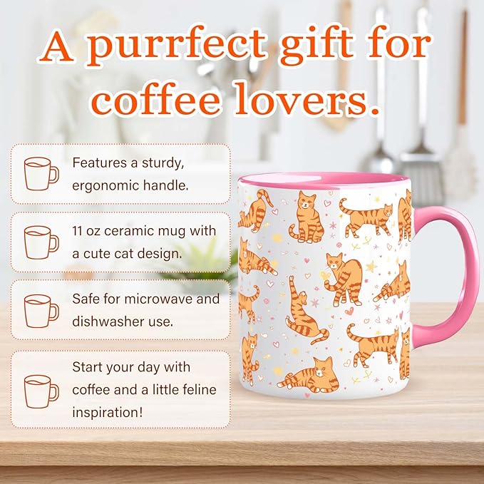 Orange Cat Mug 11 Oz Cute Ceramic Coffee Tea Cup for Women, Funny Cats Lover Gift for Christmas, Birthday, Housewarming - Gifts for Her, Mom, Cat Ladies, Kids and Friends