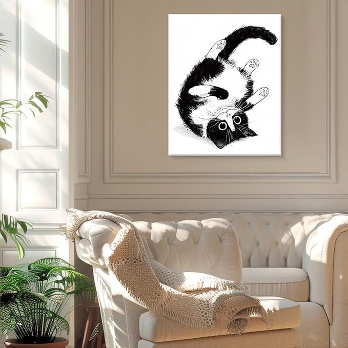 Modern Tuxedo Cat Wall Art Decor Cute Black and White Cat Print Picture Wall Decor for Home Living Room 8x10 Inch Canvas Framed