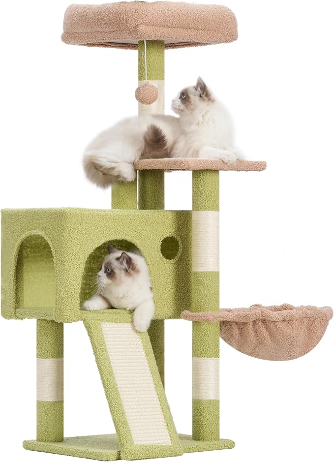 Gitelsnour Cat Tree, 42.1" Cat Tower for Indoor Kittens with Scratching Board and Posts, Multi-Level Cozy Cat Condo with 2 Perches, Hammock, Balls, Green and Yellow GCT005SGY
