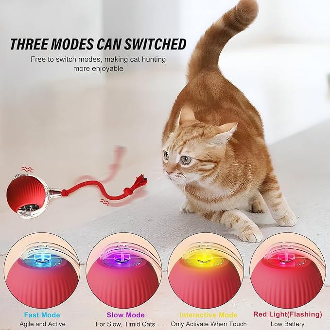 Aero Zen Indoor Cat Interactive Toy Ball Version 2025 - Random Rolling,Flashing on Floor,360° Automatic Rolling Ball Toy for Dogs/Cats (Red)