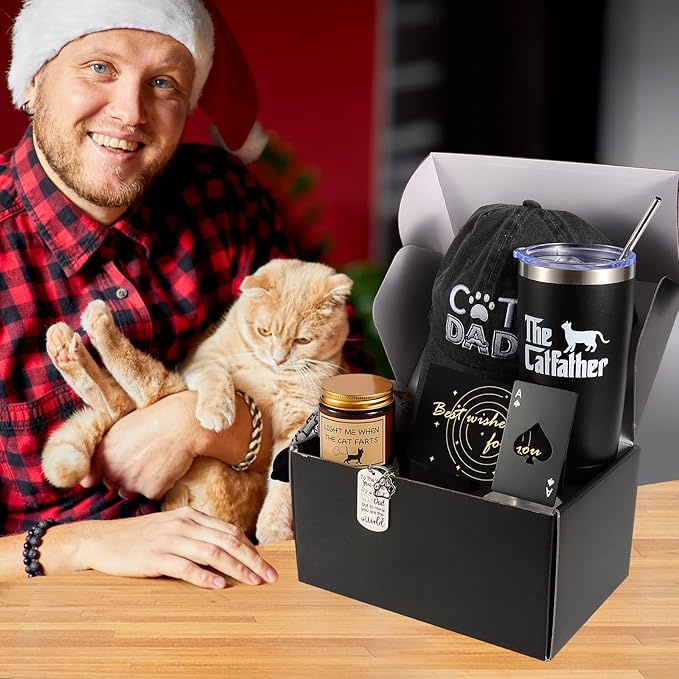 8 Pieces Cat Dad Gifts for Dad, for Dad,Cat Gift for Cat Lovers Including Tumbler Socks Keychain Hat Bottle Opener Greeting Cards Sented Candle