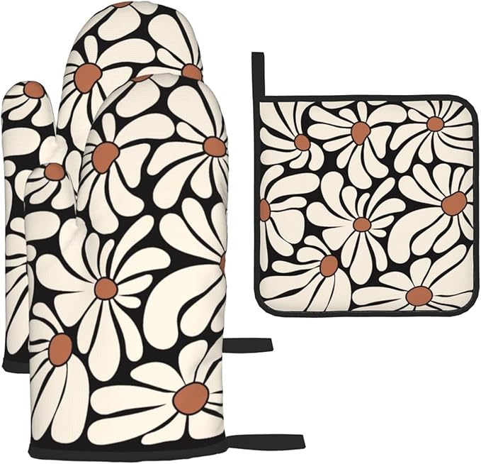 Boho Floral Pot Holders and Oven Mitts Set, Cute Black and Beige Kitchen Mitts for Oven,Non Slip Heat-Resistant Vintage Baking Gloves Hot Pads, Baking Gifts for Women