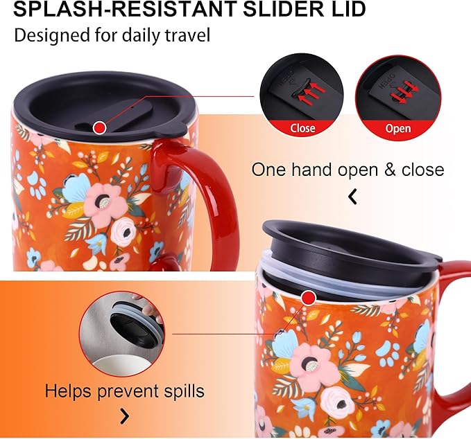 Topadorn 17oz Ceramic Travel Coffee Mug with Sealed Lid Tea Cup with Color Box, Microwave & Dishwasher Safe, Unique Coffee Mug for Latte & Hot Chocolate, Holiday Office Gift Her Him, Orange