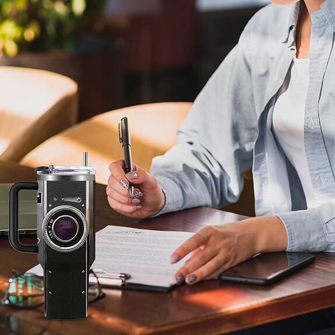 Photographer Gifts for Women Men Tumbler with Handle Straws 40oz Photography Lovers Camera Lens Coffee Cup Mugs, Cool Photographers Birthday Christmas Gift
