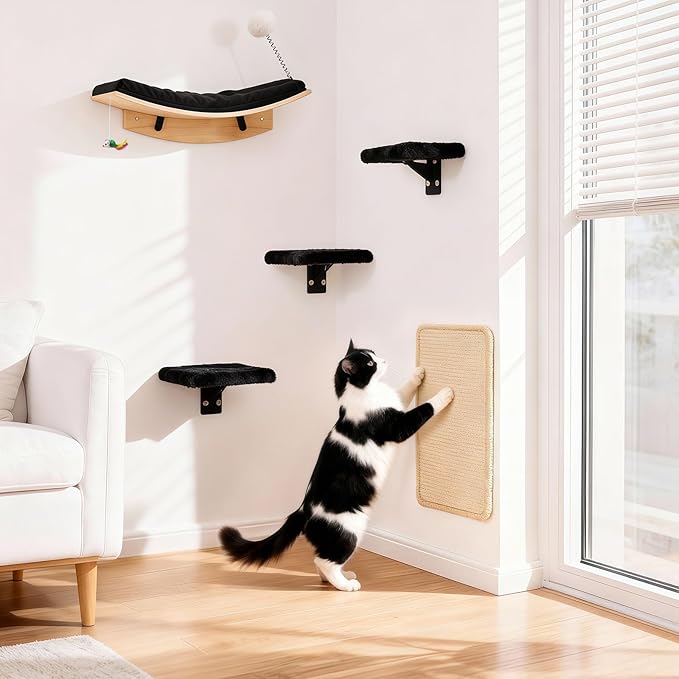Cat Shelves for Wall，5 in 1 Cat Furniture Set with Soft Curved Pad，Modern Space-Saving Wall Mounted Shelves for Play & Rest