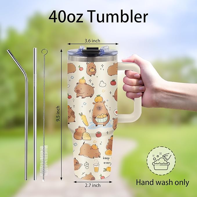 Capybara Gifts - 40oz Capybara Tumbler with Straw and Handle, Leak-proof, Stainless Steel Insulated Tumblers, Travel Coffee Mug for Capybaras Lovers, Capybaras Enthusiasts Gift Birthday Cup for Women