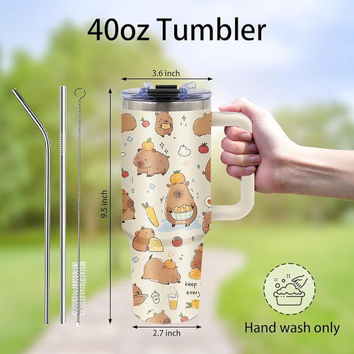 Capybara Gifts - 40oz Capybara Tumbler with Straw and Handle, Leak-proof, Stainless Steel Insulated Tumblers, Travel Coffee Mug for Capybaras Lovers, Capybaras Enthusiasts Gift Birthday Cup for Women
