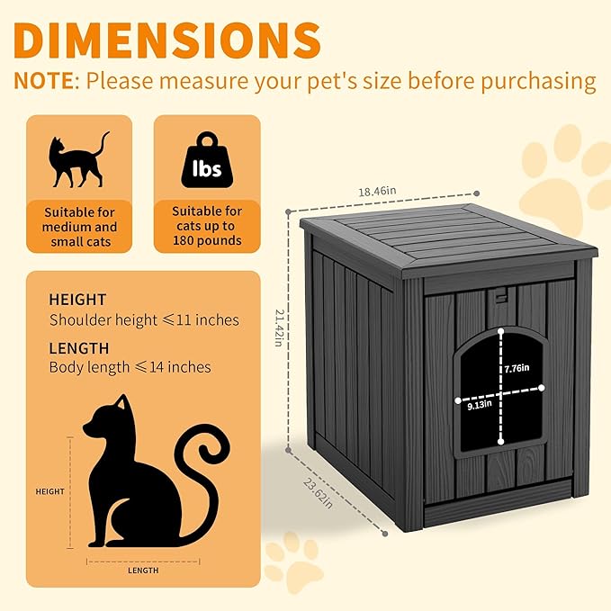 Cat Litter Box Enclosure, Plastic Hidden Litter Box Side Table with Openable Front Door, Cat Box Enclosure Cabinet for Indoor & Outdoor Use, Weatherproof, Easy to Clean & Assemble, Black