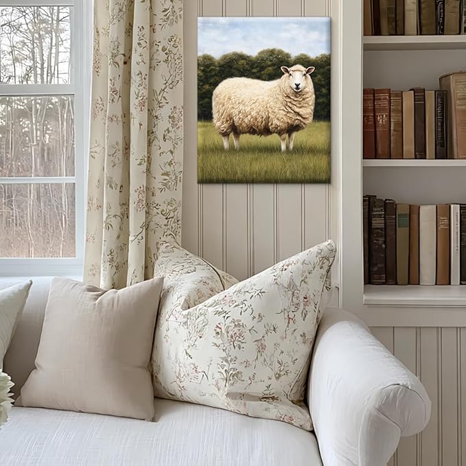 Vintage Sheep Wall Art Decor Country Landscape Sheep Print Picture Cottagecore Wall Decor for Home Farmhouse Living Room 8x10 Inch Canvas Framed