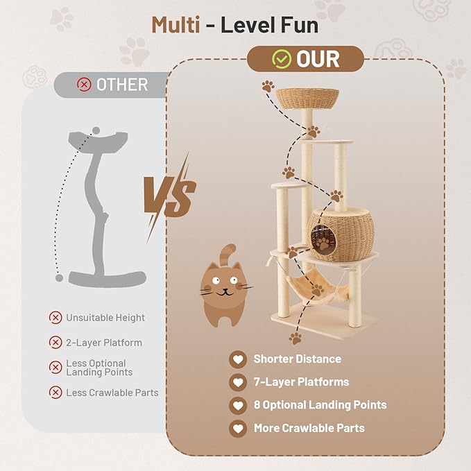 Modern Rattan Cat Tree House Condo Tall Heavy Duty Cat Climbing Tower with Scratching Post,Basket,Bed,and Stand for Indoor Large Cat