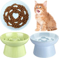Tioncy 2 Pcs Raised Cat Slow Feeder Bowl Ceramic Elevated Cat Dog Food Bowl No Spill High Edge for Dry Wet Food and Water Easy to Clean, Dishwasher Safe (Green,Blue)