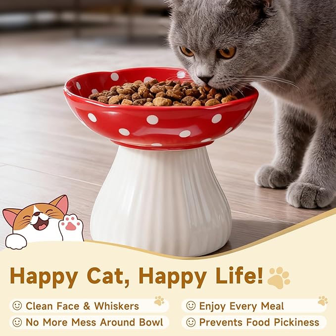 Mushroom Cat Bowl, Elevated Cat Food & Water Bowl, Lead & Cadmium Free Ceramic - Yellow