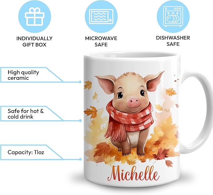 Hyturtle Personalized Fall Pig Maple Leaves Coffee Mug - Birthday Gifts For Pig Lovers - Fall Autumn Decor Gifts For Farmhouse Thanksgiving - Custom Name 11oz White Ceramic Coffee Tea Mug