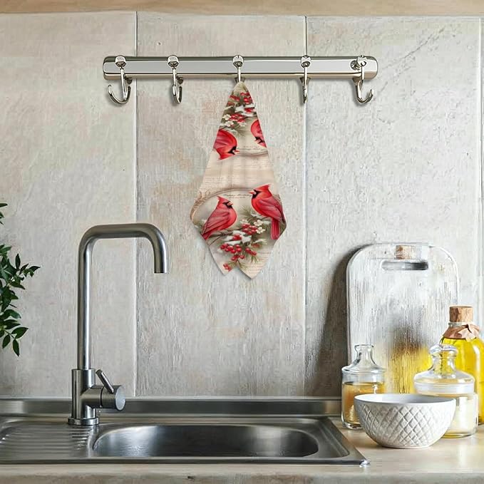 Lovdazzles Vintage Cardinal Kitchen Towels, Holly Berry Decorative Absorbent Microfiber Dish Cloth Tea Towel, Pine Branch Waffle Soft Hand Towels for Farmhouse Home Bathroom Kitchen Decor