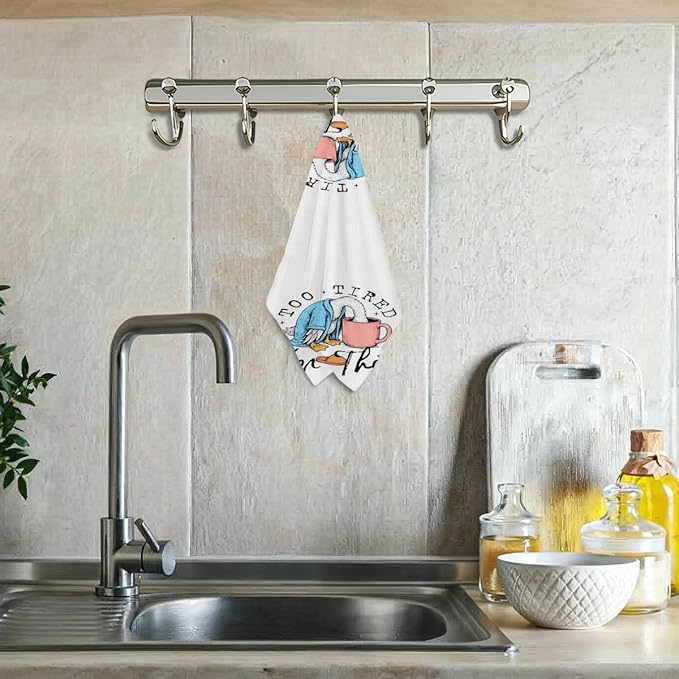 Lovdazzles Funny Duck Kitchen Towels, Too Tired for This Decorative Absorbent Microfiber Dish Cloth Tea Towel, Humorous Waffle Soft Hand Towels for Farmhouse Home Bathroom Decor, Funny Gifts