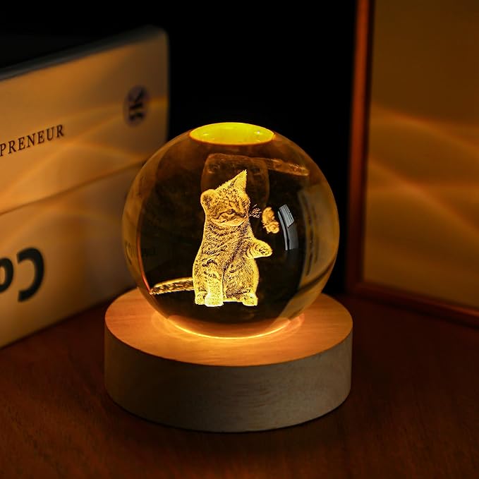 2.3in Crystal Ball for Cat Lovers 3D Glass Engraved Cat Decorative Night Light with Wooden Light Base for Birthday Wedding Housewarming