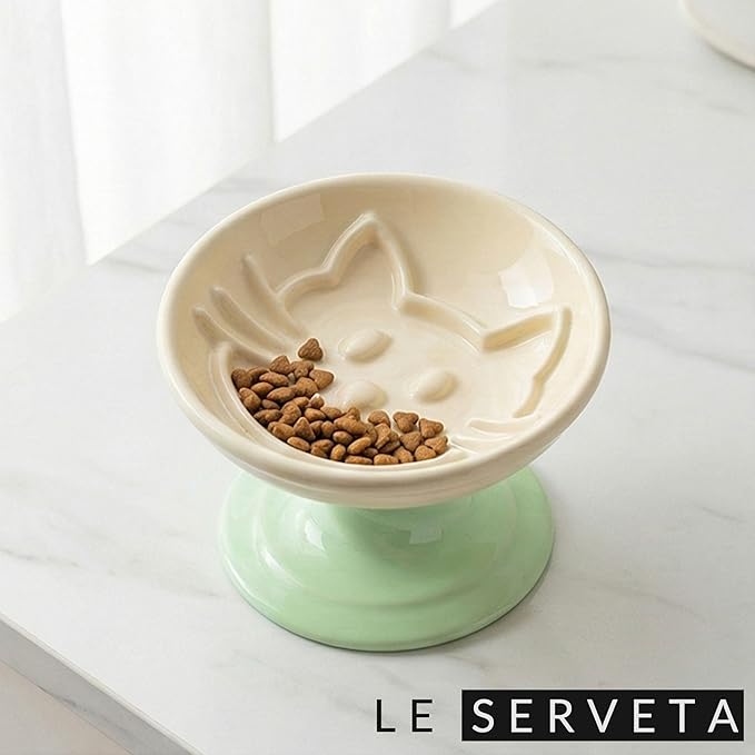 Elevated Twisting Design Cat Food Slow Feeder, Ceramic Raised Cat Dishes with Decorative Twisting Design Stand, Macaron Colors, Slow Feed Design (Yellow Green)