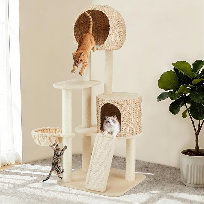 Rattan Cat Tree,60.2'' Tall Modern Cat Tree Tower with Scratching Post for Indoor Cats Large Adult,Luxury Multi Level Cattail Cat Condo with Big House,Hammock,Scratcher Board for Multiple Cats