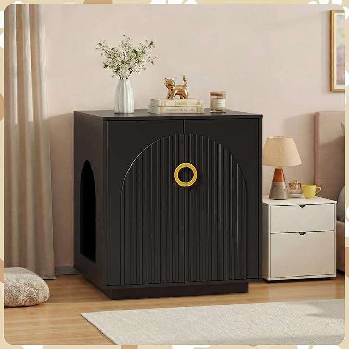 Large Cat Litter Box Enclosure for Self Cleaning Litter Box, 34.84" Tall Litter Boxes Furniture w/Outlets, Modern Cat House, Hidden Cat Litter Furniture for Living Room Black