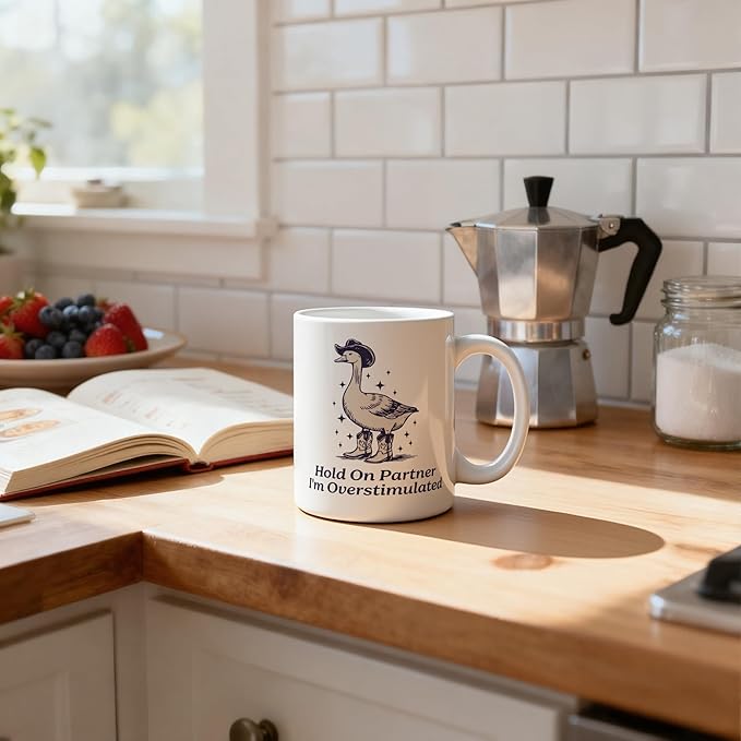 Funny Western Cowboy Goose Mug 11 oz, Funny Goose Gifts, Western Themed Gifts Coffee Cups Ceramic, Hold on Partner I'm Overstimulated Ceramic Mug for Coffee Tea Hot Cocoa Home Office Work