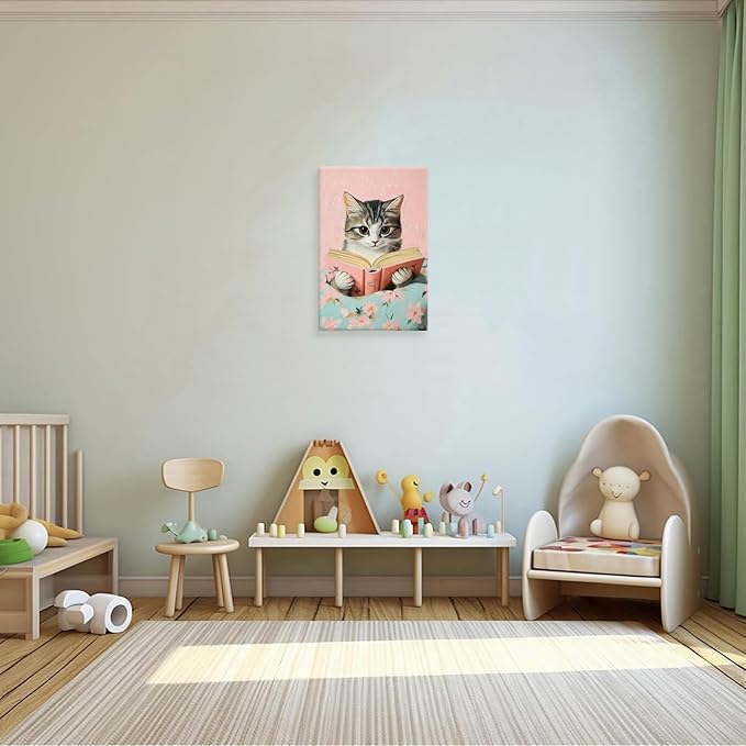 Vintage Cat In Bed Canvas Wall Art Funny Cute Cats Reading Books Poster Retro Pink Girls Room Pet Animal Aesthetic Prints Painting For Home Bedroom Kids Room Dorm Wall Decor 12x16in Framed