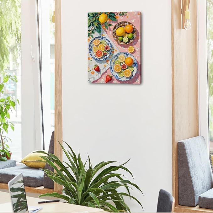 Italian Lemon Wall Art, Citrus Fruits Theme Oil Painting Framed Canvas Print Summer Room Decor, Rustic Lemon Orange Painting for Living Room Kitchen Dining Room Restaurant Decor 15x11.4 inch