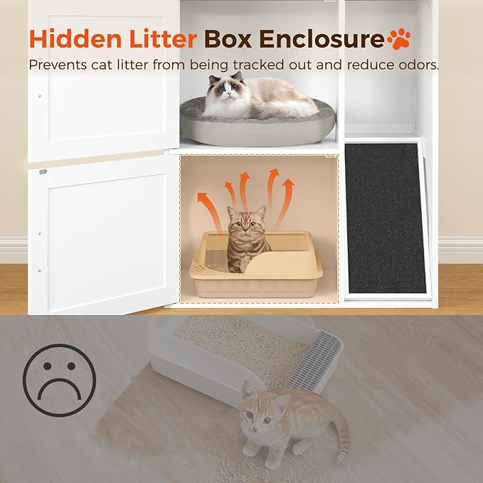 Litter Box Enclosure for 2 Cats, Hidden Litter Box Furniture with Scratch Pad, Double Litter Boxes Enclosure, Wooden Cat Washroom, Indoor Cat House End Table, White and Black CWBB3201