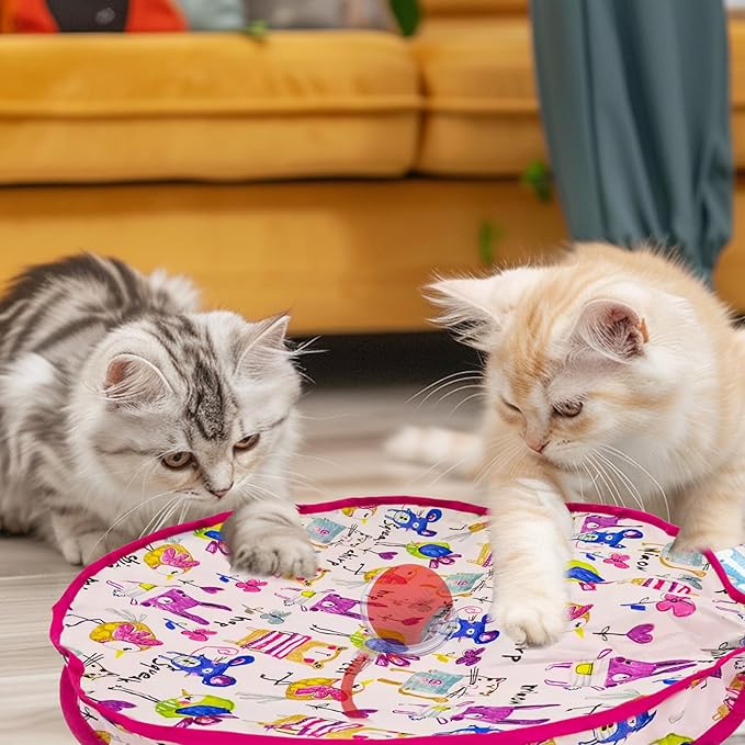Interactive Cat Toy for Indoor Cat, Hide and Seek Cat Toy, Play Mat Toys with Self Rolling Ball in Pouch, Motion Activate&Buzzing, Rechargeable Pet Teaser Toy (Red)