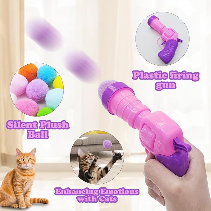 Andiker Cat Toy Balls Set, 30pcs Plush Cat Pom Pom Balls&a Plastic Launcher Set for Kitten Catch&Fetch Interactive Cat Toy with Colorful&Soft Cat Balls for Indoor Cats to Keep Fit (Pink 30pcs)