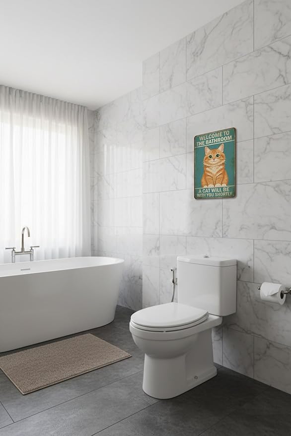 Funny Bathroom Sign Welcome to The Bathroom A Cat Will Be with You Shortly Humorous Restroom Decor Quirky Cat Lover Gift Novelty Aluminum Sign 8x12 Inches Orange Cat-01