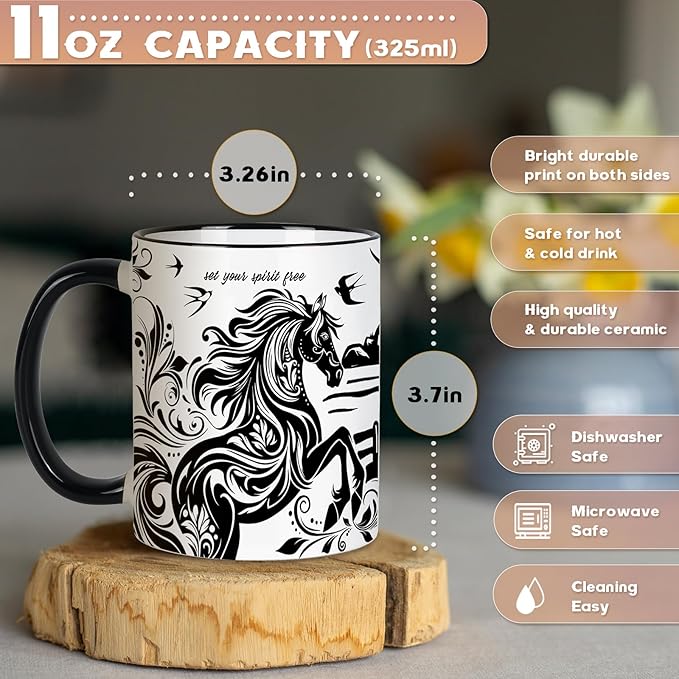 Horse Mug 11 Oz Horse Gifts Mothers Day Birthday Gifts for Women Men, Black and White Boho Mug Equestrian Gift Birthday Gift, Graduation Gift for Women Men, Ceramic Cup Microwave & Dishwasher Safe