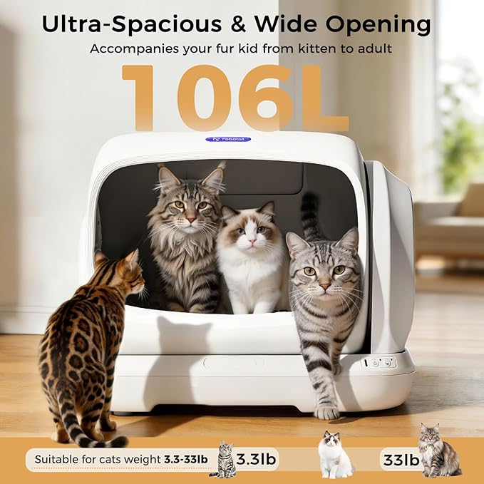 Self-Cleaning Cat Litter Box,106L XXXL Extra-Large Space Automatic Cat Litter Box for Large Cats, Open Top Automatic Cat Box Self Cleaning with APP, Safety Sensor, Anti-Pinch Patent