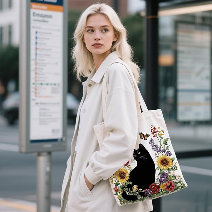 Aesthetic Canvas Tote Bag for Women - with Magnetic Snap Closure & Zipper Inner Pocket Reusable Bag for Shopping