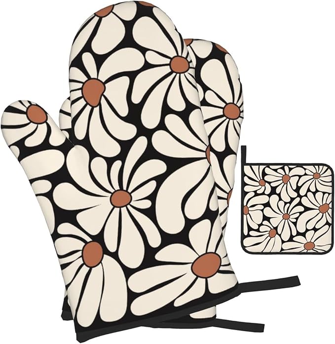 Boho Floral Pot Holders and Oven Mitts Set, Cute Black and Beige Kitchen Mitts for Oven,Non Slip Heat-Resistant Vintage Baking Gloves Hot Pads, Baking Gifts for Women