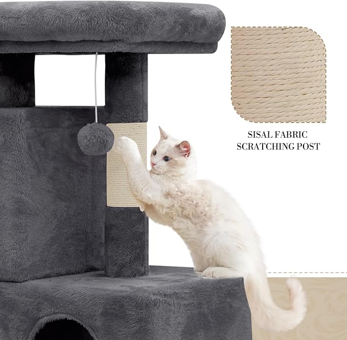 Athena Collection Small Cat Tree, Modern 34 Inch Cute Cat Tree Tower with Scratching Post 2 Condo Activity Platform and Playing Ball for Indoor, Dark Grey