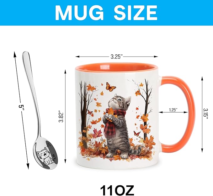 Hyturtle Fall Cat Maple Leaves Coffee Mug with Spoon, Birthday Gifts For Cat Lovers, Fall Autumn Decor Gifts For Farmhouse Thanksgiving, Cute Autumn Mug, 11oz Two Tone White Ceramic Coffee Tea Cup