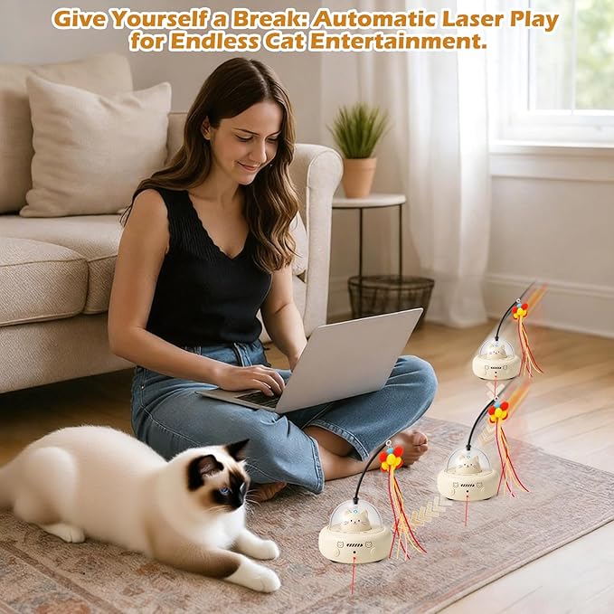 BABORUI Interactive Cat Toy with LED & Feather, Automatic Cat LED Toy for Indoor Cats, USB Rechargeable Smart Cat Toy, Electric Cat Toy for Bored Cats & Kittens