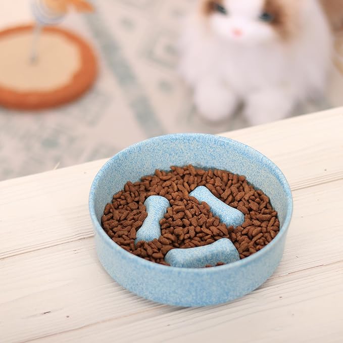 Ceramic Slow Feeder Cat Bowls 6 Inch Cute Bone Slow Feeding Dog Food Bowl,Whisker-Friendly, Anti-Vomiting Feeder for Cats and Small Dogs Non Slip Dishwasher/Microwave Safe (Blue)