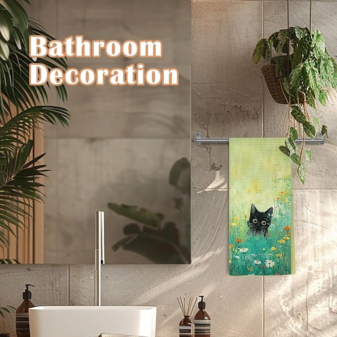 Green Meadow Floral Black Cat Decorative Kitchen Towels, Cat Lover Mom Lady Gifts, Aesthetic Cute Black Kitten Flower Hand Tea & Dish Towels for Bathroom Kitchen, 16x24 Inch