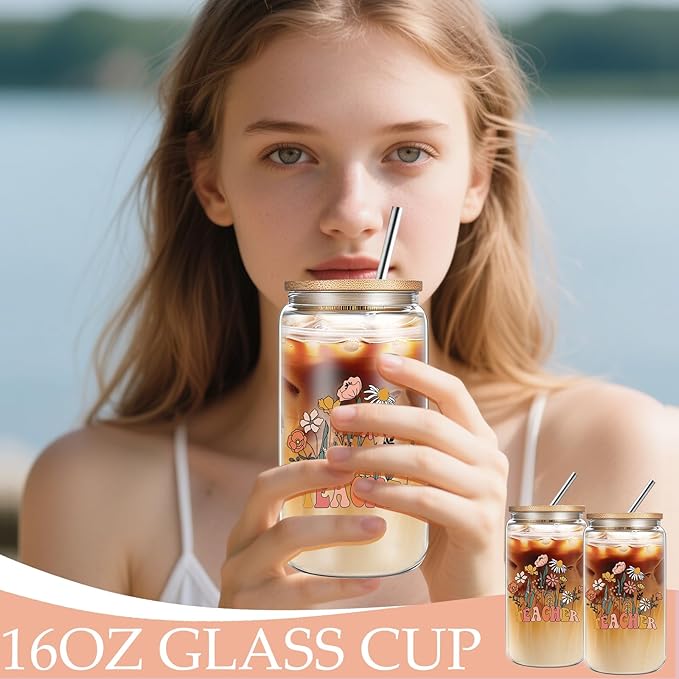 Best Teacher Appreciation Gifts, Teacher Gifts for Women, Thank You Birthday Gifts Set with 16 oz Glass Cup Necklace