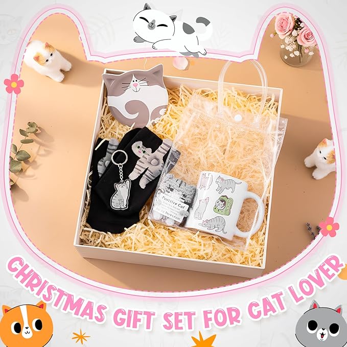 Potchen 6 Pcs Mother's Day Cat Lover Gifts for Women Funny Cat Mom Gifts Set with Gift Bag, Cats Coffee Mug, Cats Sock with Ball, Ceramic Coaster, Crochet Doll, Kitten Keychain for Lady Women Birthday