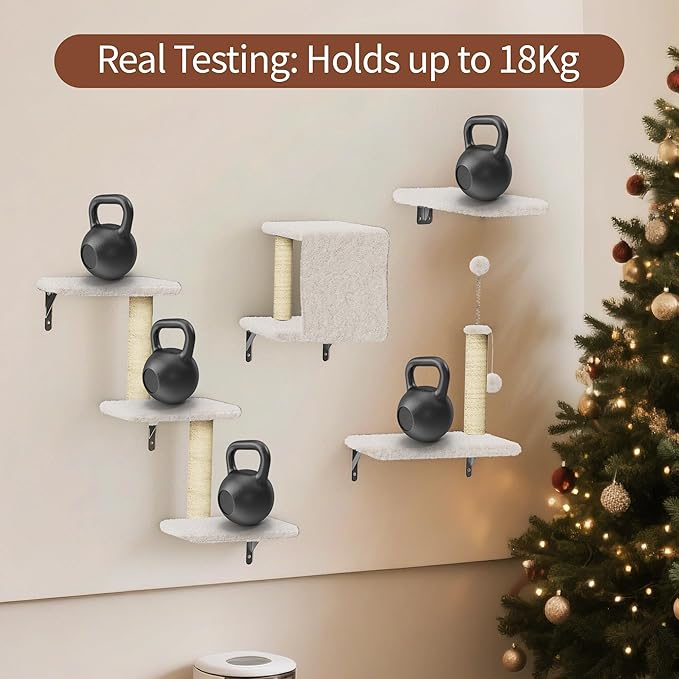 Cat Wall Shelves for Large Cats, Stable & Safe Kitty Walls Furniture Set for 40LBS Cats with Wooden Cat Climber,House, Bridge, Tree, Steps, and Scratcher for 16 Inch Drywall (Beige, 6-in-1)