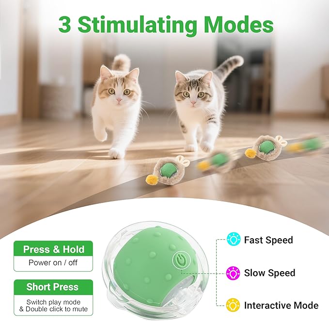 Interactive Cat Toys for Indoor Cats Fast Rolling Ball, Automatic Motion Activated Ball, Hide and Seek for Indoor Exercise Toys, Real Bird Squeaky for Kitten Exercise Kicker (Yellow)