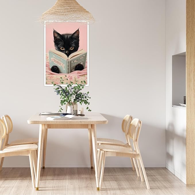 Vintage Cat Canvas Wall Art Funny Cute Cats Reading Books Poster Retro Pink Flower Abstract Animal Aesthetic Prints Painting For Girls Room Bedroom Kids Room Dorm Wall Decor 12x16in Unframed