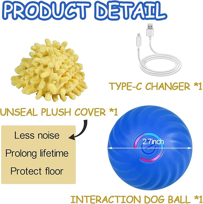 Interactive Dog Ball, Automatic Moving Toy Ball with Cover for Large Dogs, Self Rolling Best Boredom Toys for Gift, Dog Toys to Keep Them Busy(Medium:2.7inch)